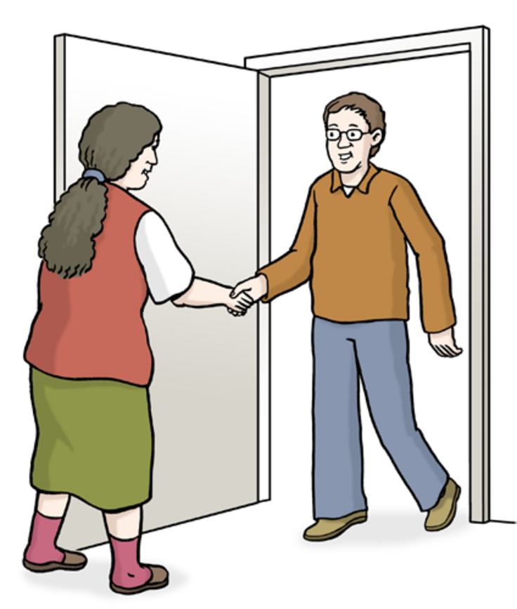 Zwei Personen geben sich vor einer offenen Tür die Hand.