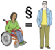 Eine Frau of Color im Rollstuhl neben einem stehenden weißen Mann. Zwischen Ihnen ist ein Gleichheitszeichen. Darüber ist ein Paragraphensymbol.