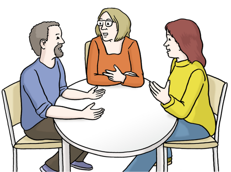 Drei Menschen an einem runden Tisch