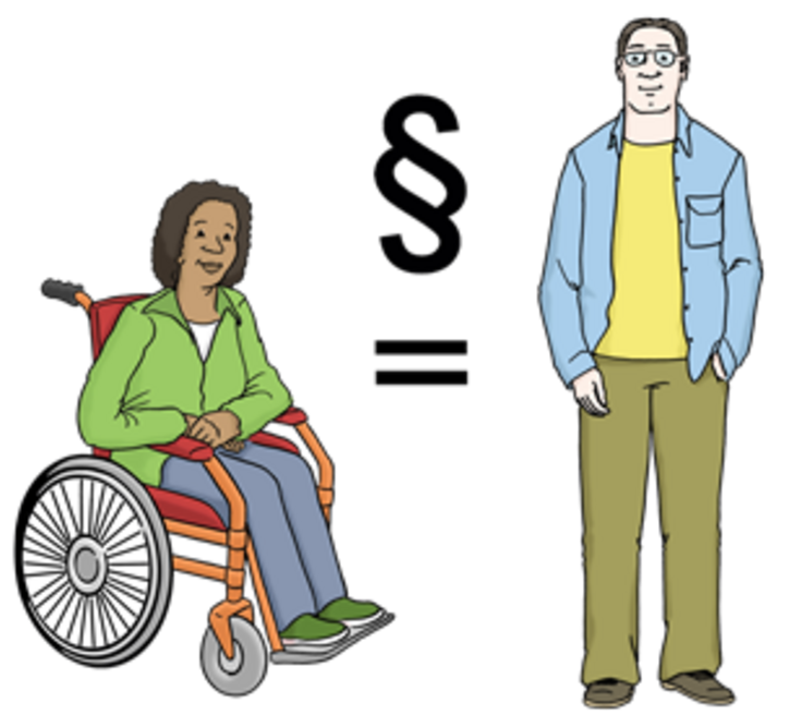 Das Bild zeigt zwei Menschen, mit und ohne Behinderungen, die vor dem Gesetz gleich sind